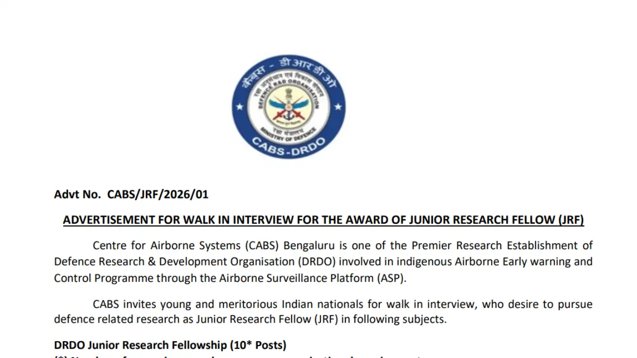 DRDO CABS JRF Recruitment 2026