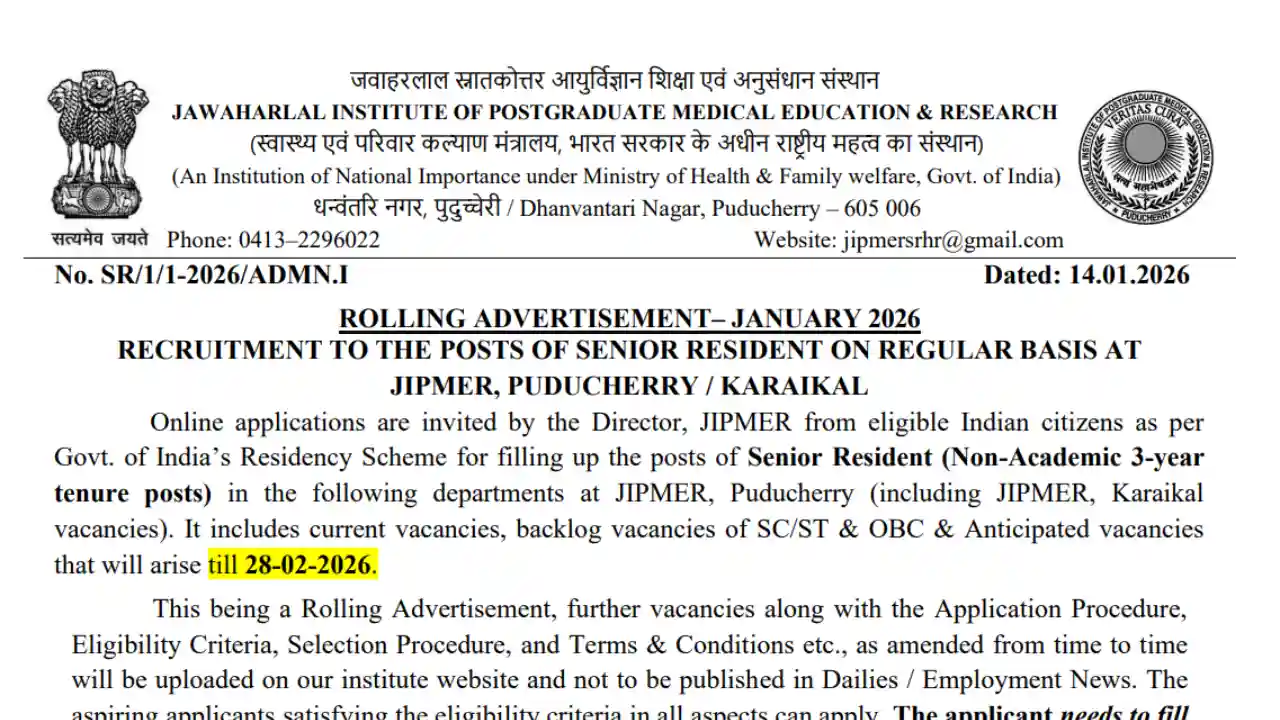 JIPMER Senior Resident Recruitment 2026