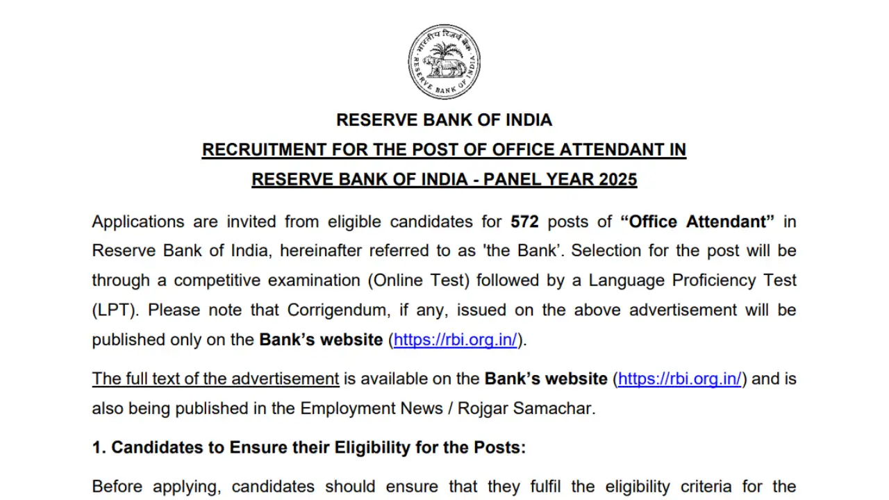 RBI Bank Office Attendant Recruitment 2026