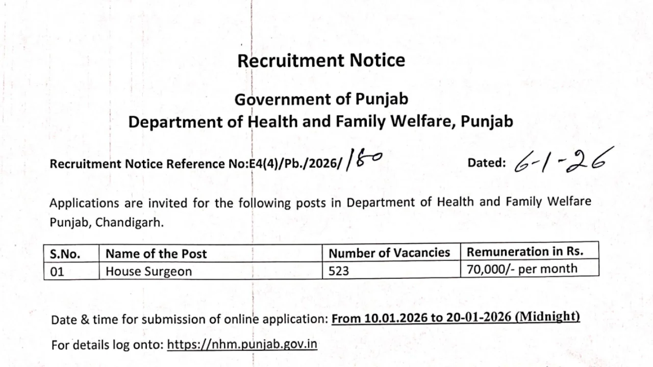 NHM Punjab House Surgeon Recruitment 2026